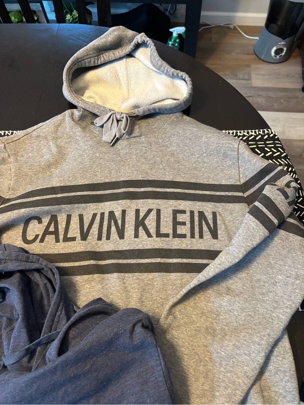 Calvin Klein Gray Pullover Hoodie with Black Logo Stripes